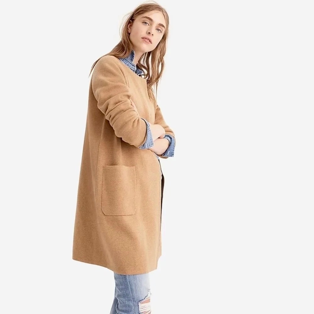 J. CREW Juliette Collarless Sweater Blazer Solid Tan Brown Longline Knit Small